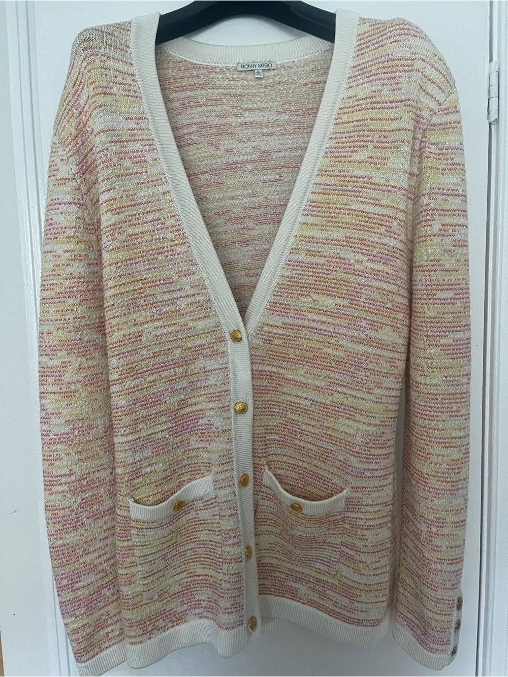 Ronny Kobo Collection Pink & Cream Multicolor Knit Cardigan